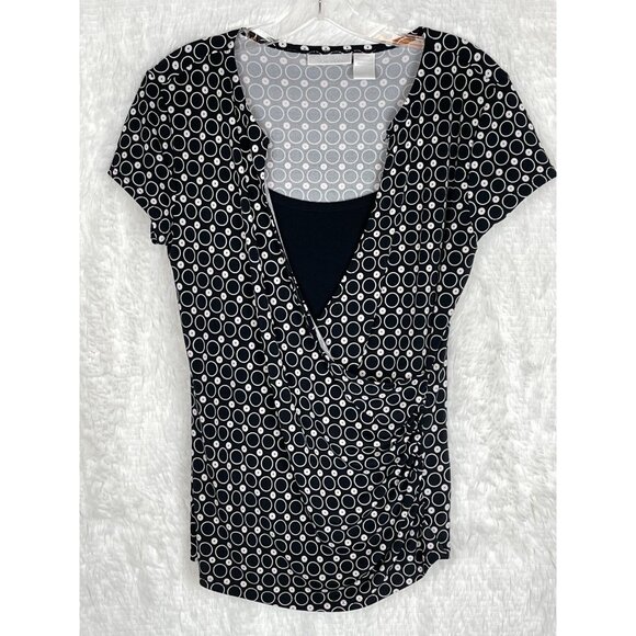 Worthington Stretch Medium Short Sleeve Black White Surplice Top Dots Circles - Picture 1 of 8